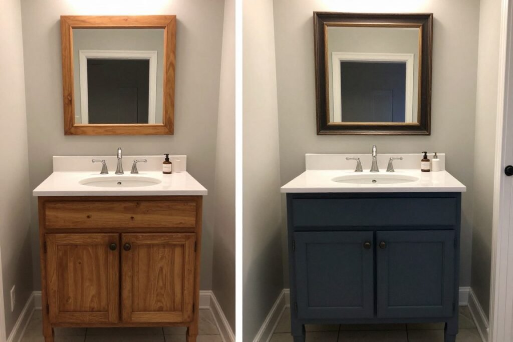 A bathroom vanity before and after budget-friendly makeover