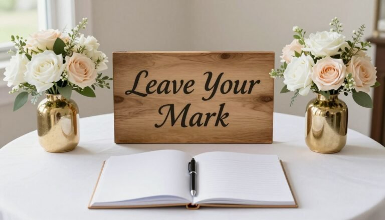 A beautifully arranged wedding guest book display with calligraphy sign and flowers