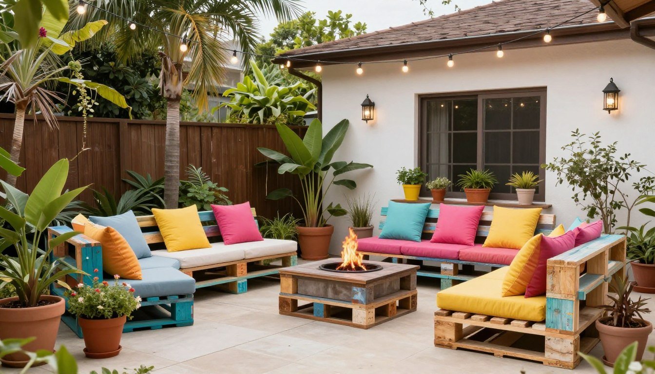 A beautifully decorated budget patio with string lights, potted plants, and DIY furniture