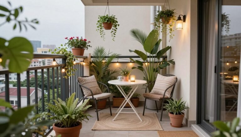 A beautifully decorated small balcony with plants, comfortable seating, and ambient lighting creating a cozy outdoor retreat