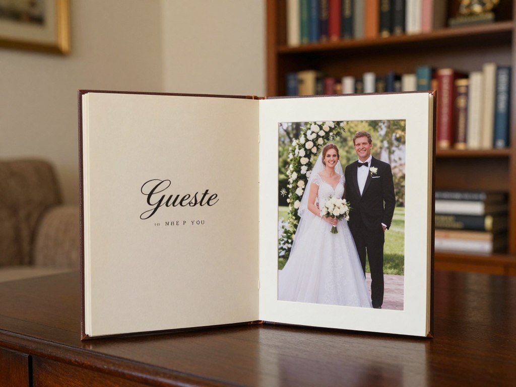 A beautifully preserved wedding guest book displayed in a home