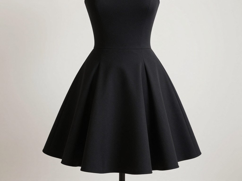A black fit and flare graduation dress showing a defined waist and flared skirt