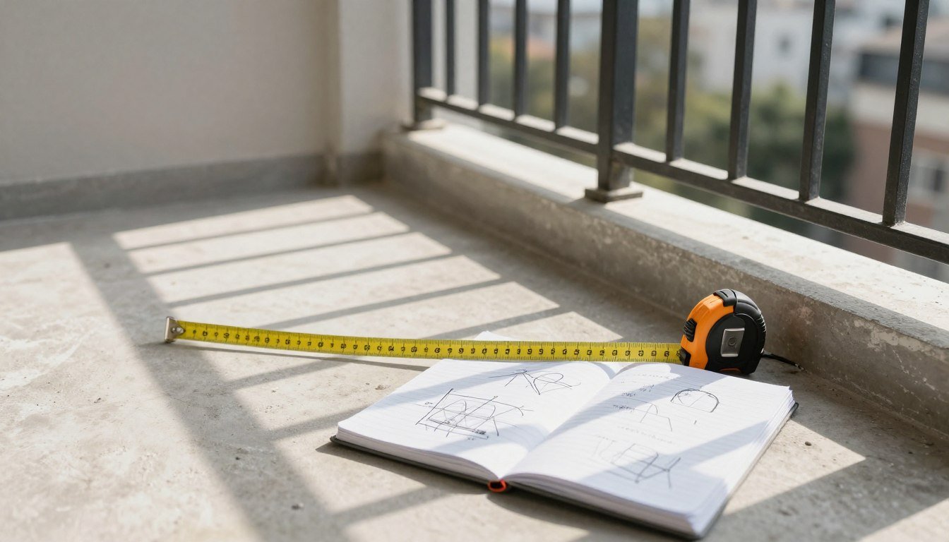 A bright apartment balcony with measuring tape and notebook, demonstrating the planning phase of balcony decorating