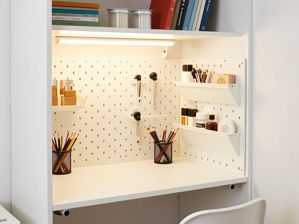 A bright closet transformed into a compact craft nook with pegboard storage and a fold-down desk