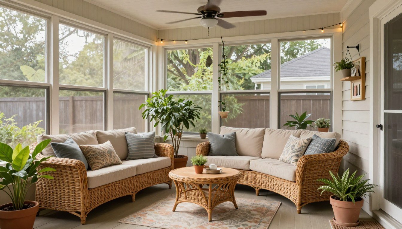 A bright, inviting screened in porch with budget-friendly furniture and decor elements