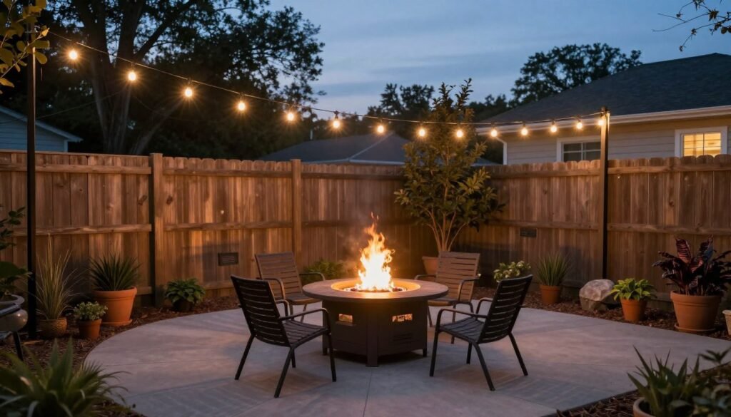 A budget fire pit area enhanced with string lights and DIY landscaping