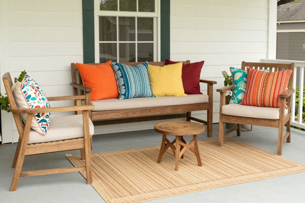 A budget-friendly front porch seating area with colorful pillows and outdoor rug