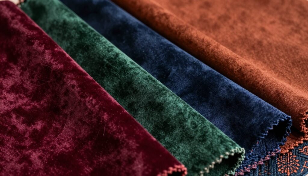 A close-up display of fall-appropriate fabric swatches including velvet, satin, crepe, and brocade in autumn colors