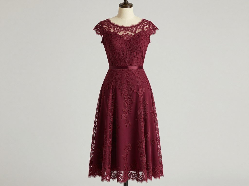 A cocktail length plus size wedding guest dress in burgundy with lace overlay