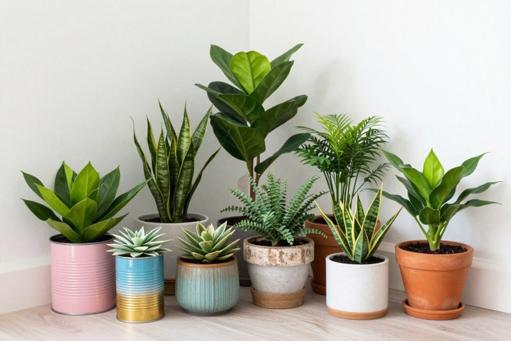 A collection of budget-friendly houseplants in creative containers brightening an apartment corner