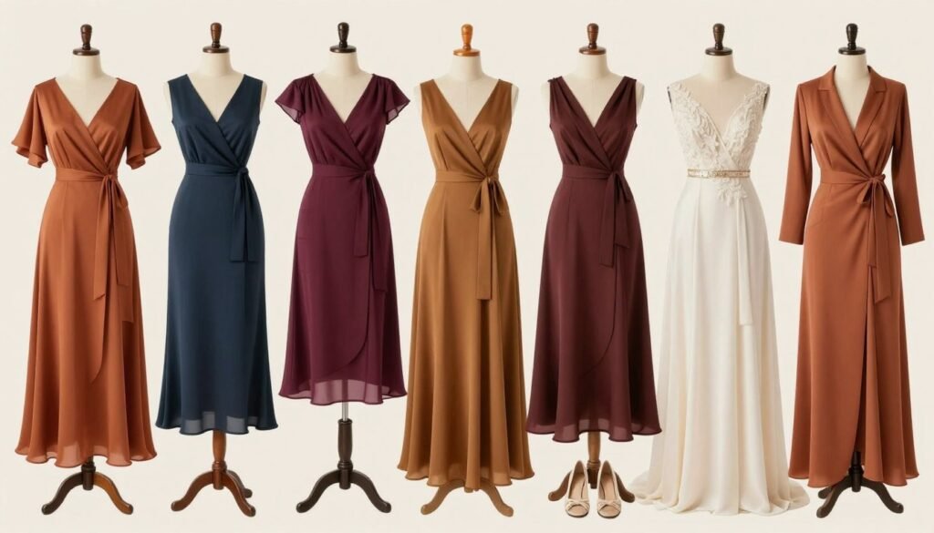 A collection of complete fall wedding guest outfits for different venues and formalities showcasing the season's best colors and styles