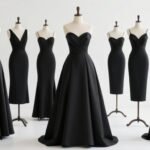 A collection of elegant black graduation dresses displayed on mannequins showing various silhouettes and styles
