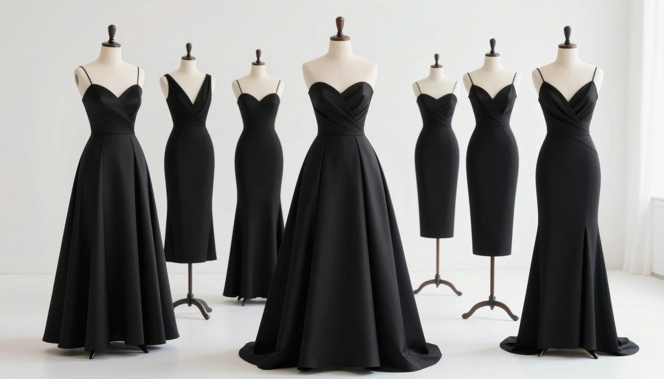 A collection of elegant black graduation dresses displayed on mannequins showing various silhouettes and styles