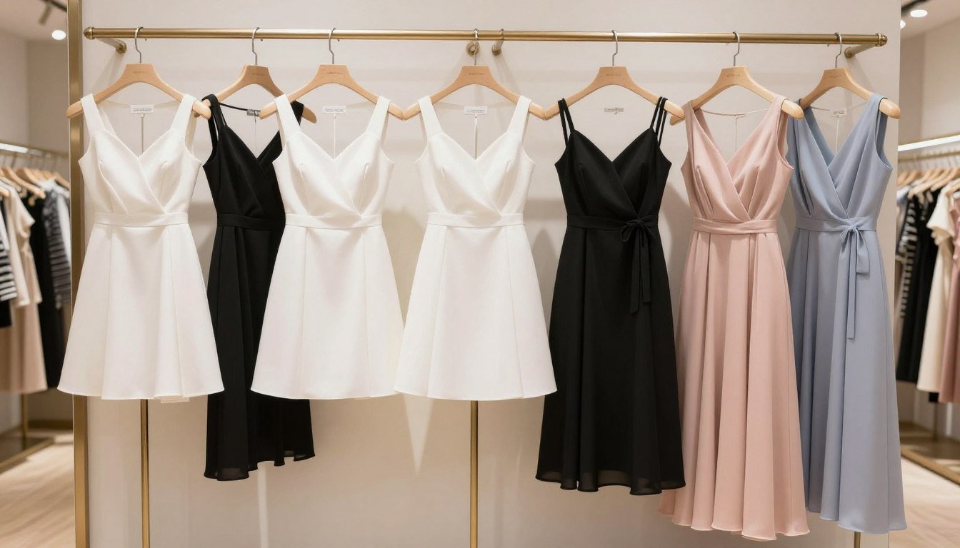 A collection of elegant graduation dresses in white, black, and pastel colors arranged on display
