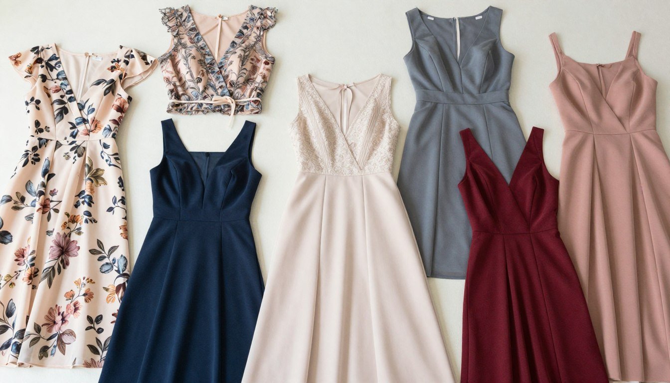 A collection of elegant plus size wedding guest dresses in various styles and colors for different occasions