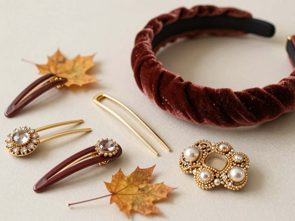 A collection of fall-appropriate hair accessories including velvet headbands, gold hair pins, and jeweled clips in autumn colors