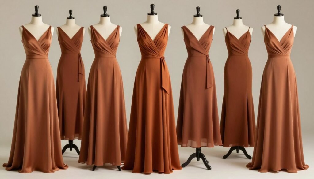 A collection of fall wedding guest dresses in different silhouettes including A-line, wrap, and sheath styles in autumn colors