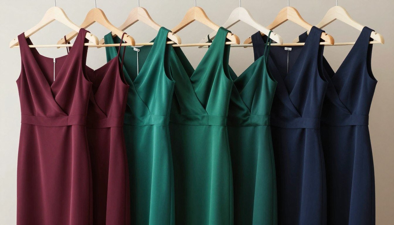 A collection of fall wedding guest dresses in rich jewel tones including burgundy, emerald, and navy arranged on elegant hangers against a neutral background
