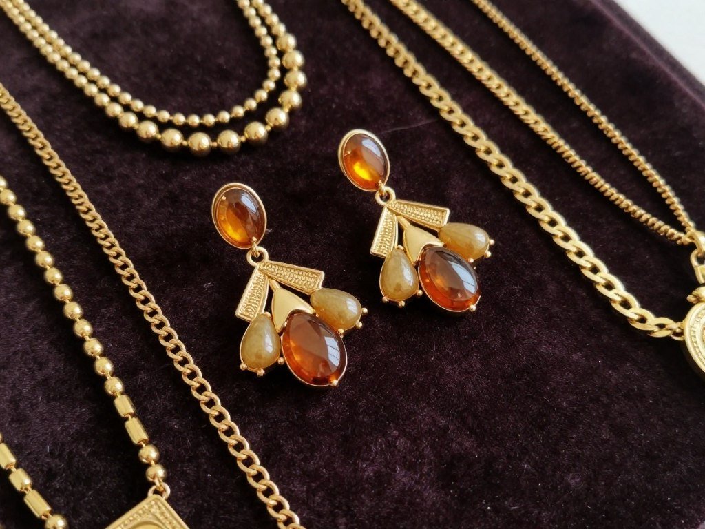 A collection of gold and amber-toned jewelry including statement earrings and layered necklaces for fall wedding guest accessories