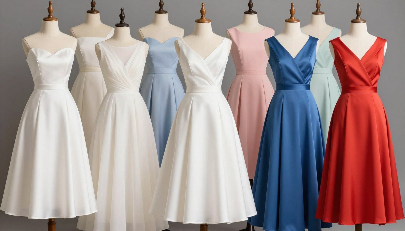 A collection of high school graduation dresses in various styles and colors
