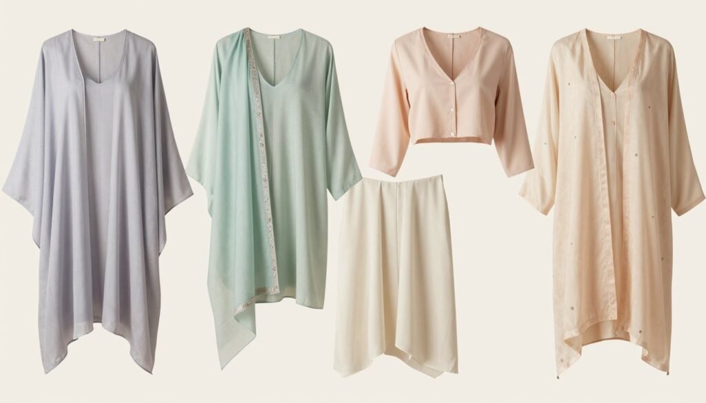 A collection of lightweight cover-ups including pashminas, shawls, and cropped cardigans in colors complementary to summer wedding attire