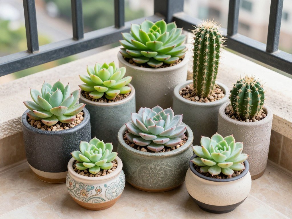 A collection of low-maintenance succulents and cacti in decorative containers on a balcony corner