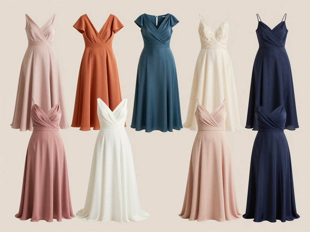 A collection of plus size wedding guest dresses in different colors and styles