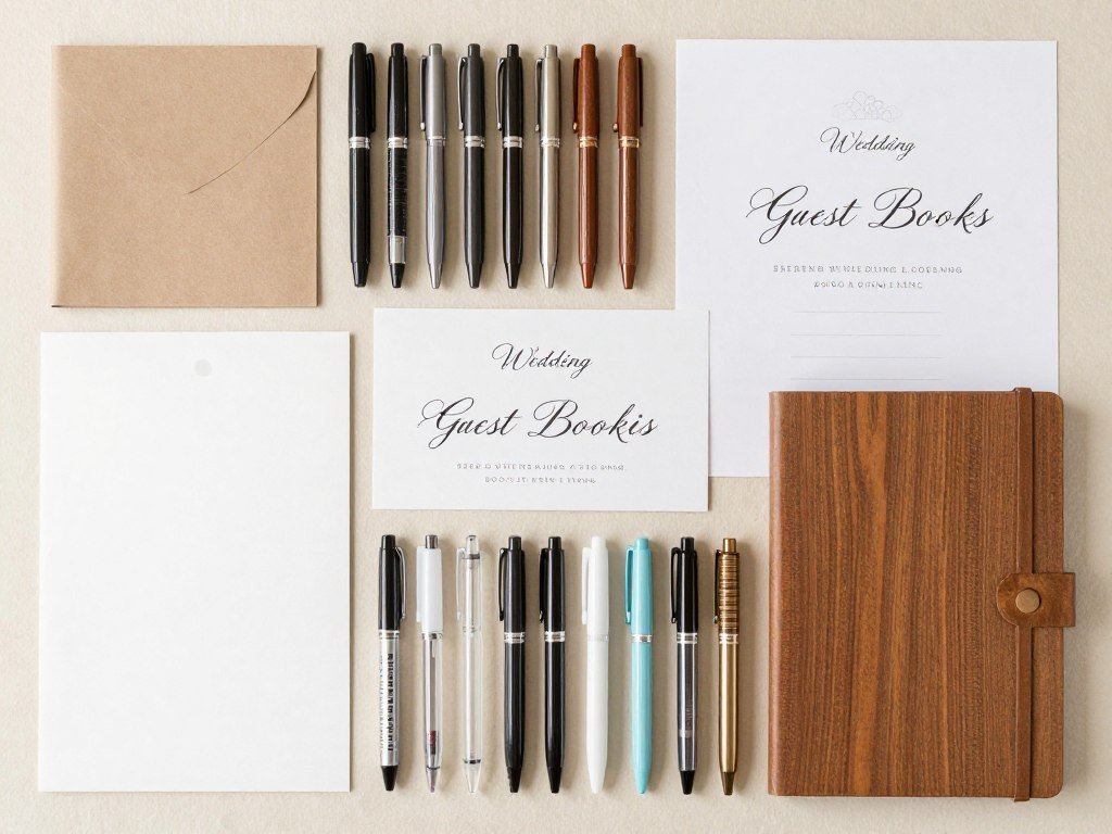 A collection of quality pens and materials for guest book signing
