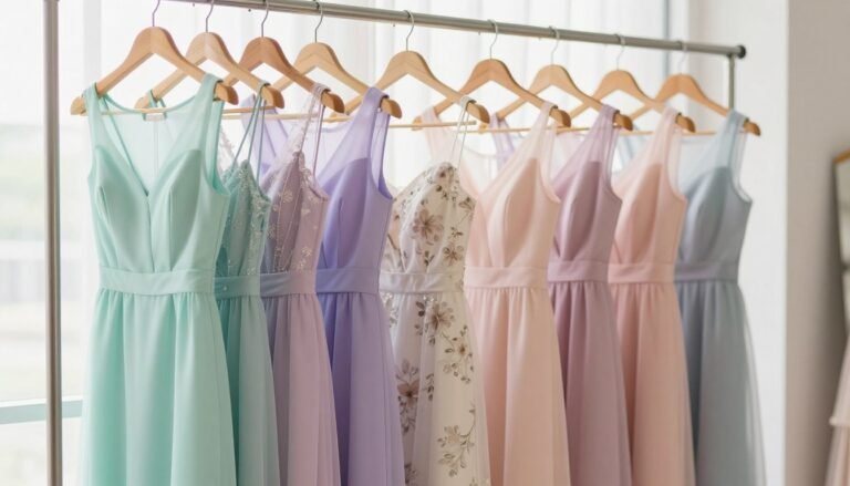 A collection of spring wedding guest dresses in pastel colors including mint green, lavender, and blush pink hanging on a decorative rack