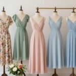A collection of summer wedding guest dresses displayed in a boutique setting with natural light highlighting various styles including floral maxi dresses, pastel midi dresses, and elegant evening options