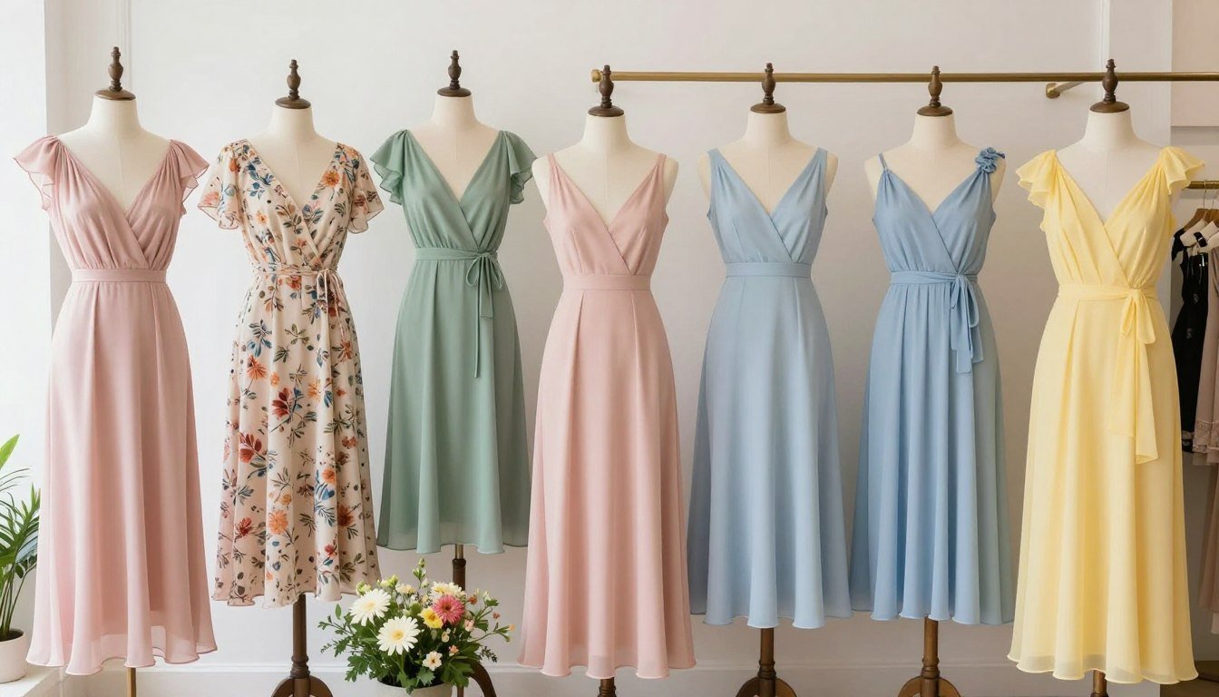 A collection of summer wedding guest dresses displayed in a boutique setting with natural light highlighting various styles including floral maxi dresses, pastel midi dresses, and elegant evening options