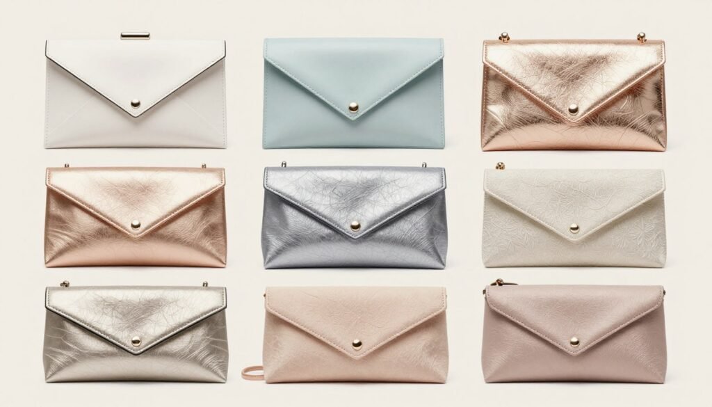 A collection of wedding-appropriate small bags and clutches in various styles and colors including metallics, pastels, and neutrals