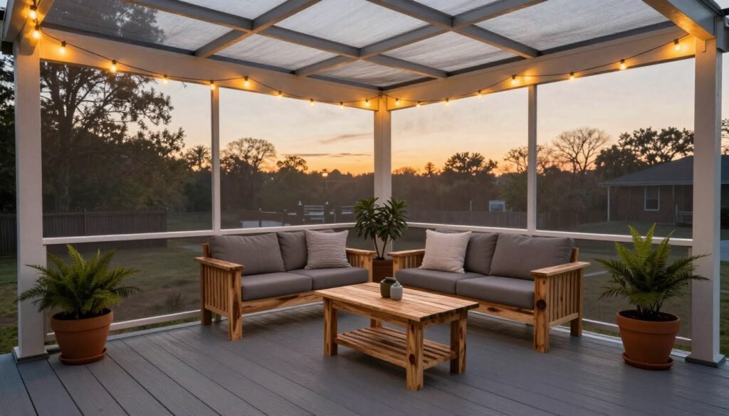 A completed budget-friendly screened in porch with all elements working together harmoniously