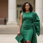 A confident Black woman in an elegant graduation dress standing proudly with her diploma, cap and gown draped over one arm