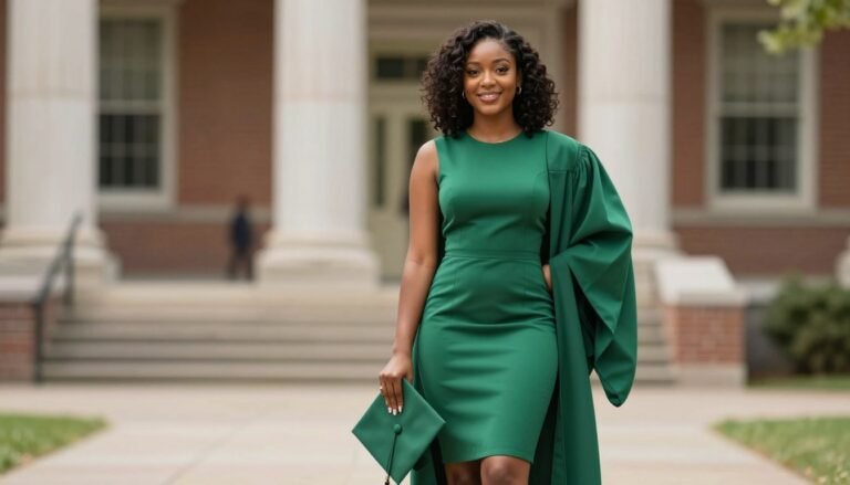 A confident Black woman in an elegant graduation dress standing proudly with her diploma, cap and gown draped over one arm