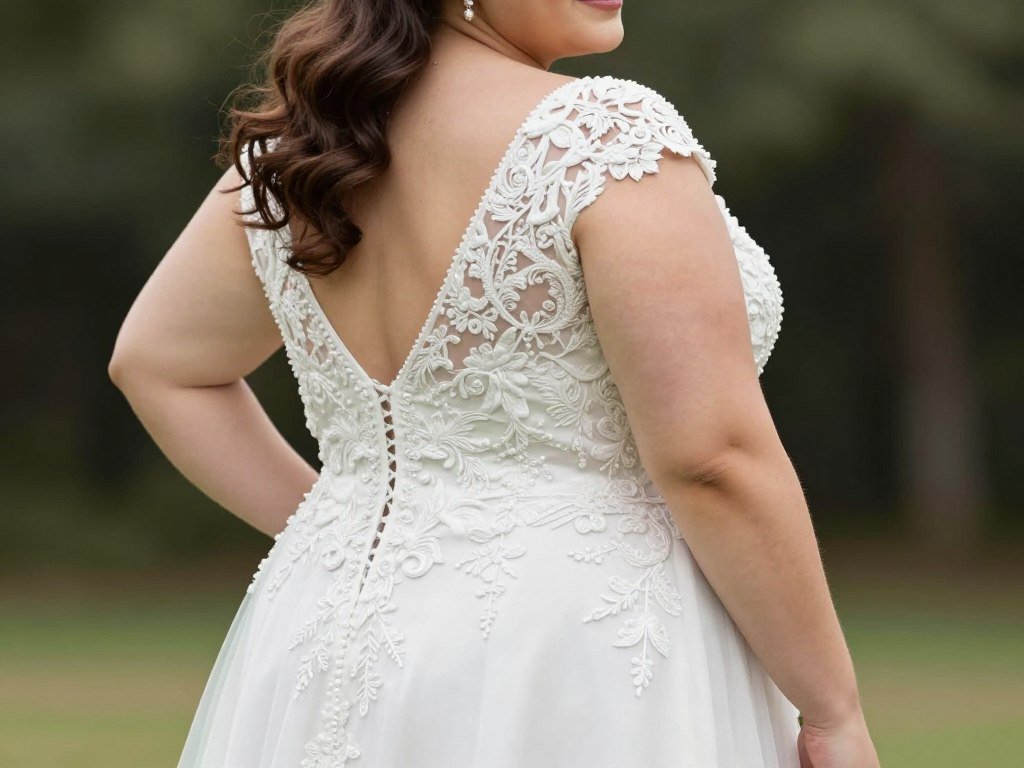 A confident plus size woman in a beautiful wedding guest dress