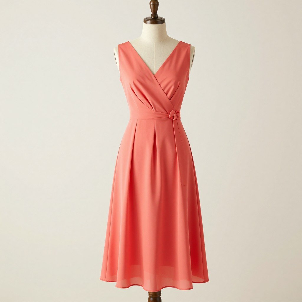 A coral-colored dress displayed on a mannequin against a light background