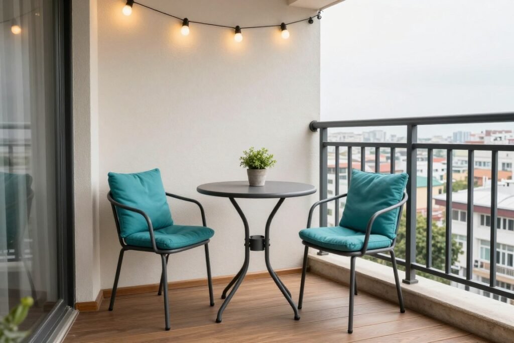 A cozy apartment balcony with a compact bistro set and cushions