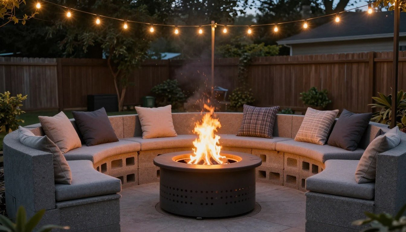 A cozy backyard fire pit area with budget-friendly seating and warm lighting at dusk