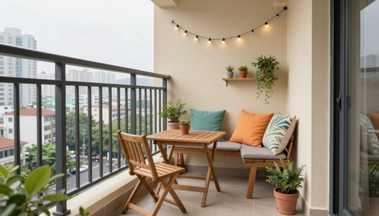 A cozy balcony setup with compact furniture including a small bistro set and potted plants
