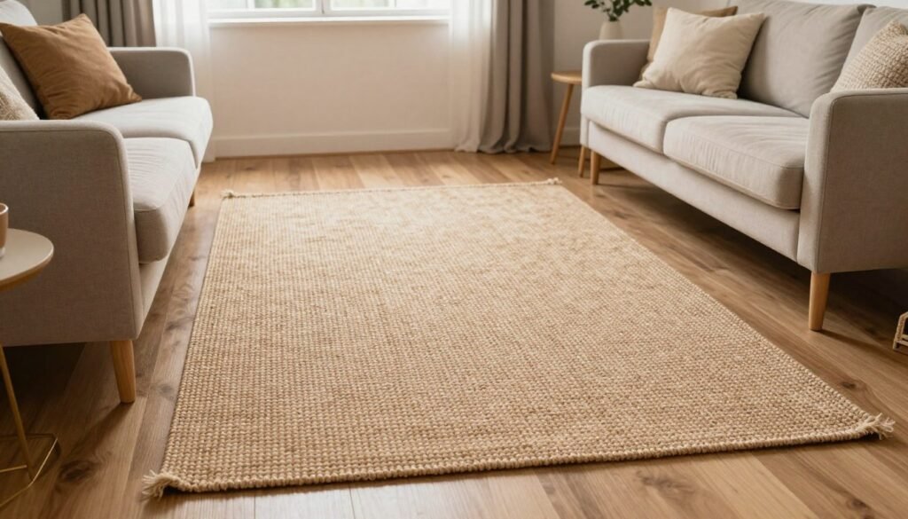 A cozy living area with a budget-friendly jute rug defining the seating space