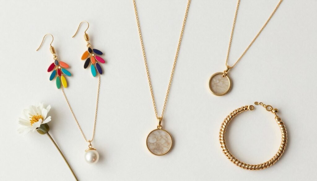 A curated collection of summer-appropriate wedding guest jewelry including colorful statement earrings, delicate necklaces, and stackable bracelets