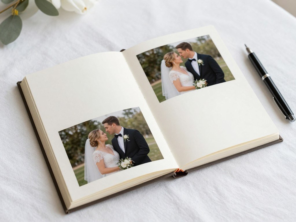 A custom photo guest book with engagement photos and space for messages