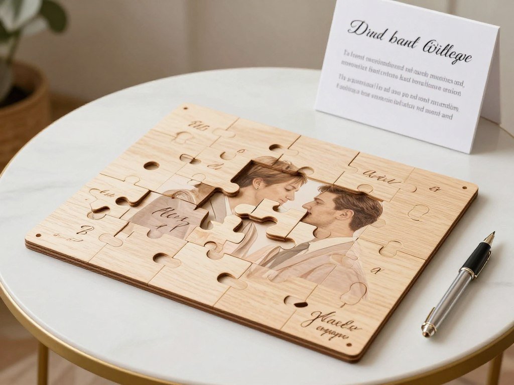 A custom puzzle guest book with pieces for guests to sign