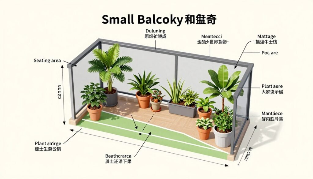 A diagram or visual representation of practical small balcony planning showing measurement, layout considerations, and organization tips