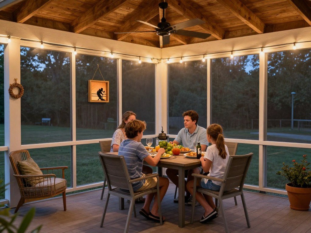 A family enjoying dinner on their screened in porch on a summer evening