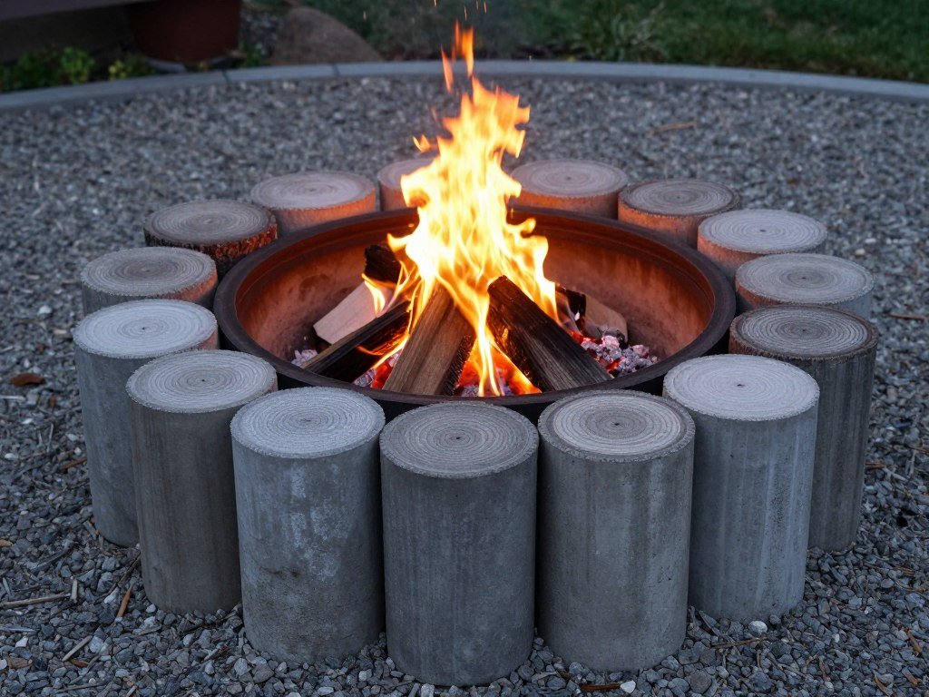 A fire pit made from stacked concrete tree rings with a fire burning inside