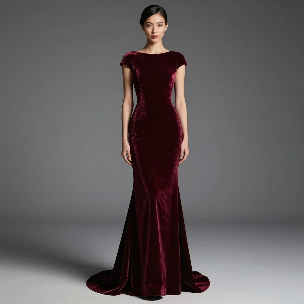 A floor-length burgundy velvet gown with fitted silhouette and subtle train appropriate for black tie fall weddings