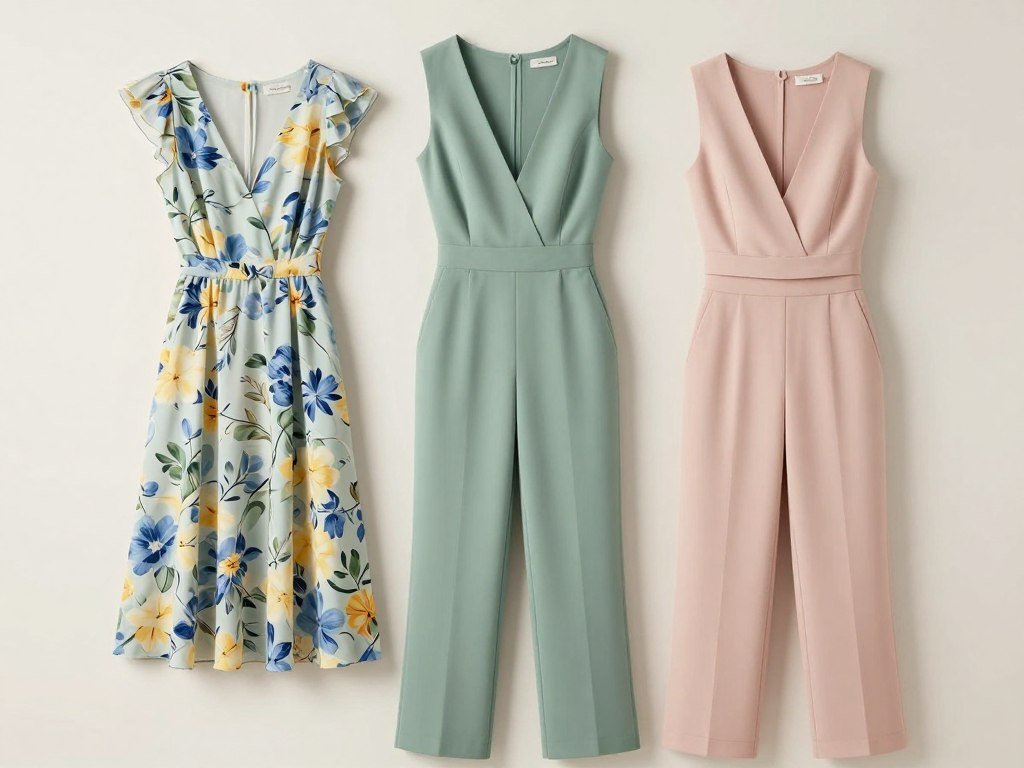 A floral midi dress, elegant jumpsuit, and two-piece set in summer colors displayed together
