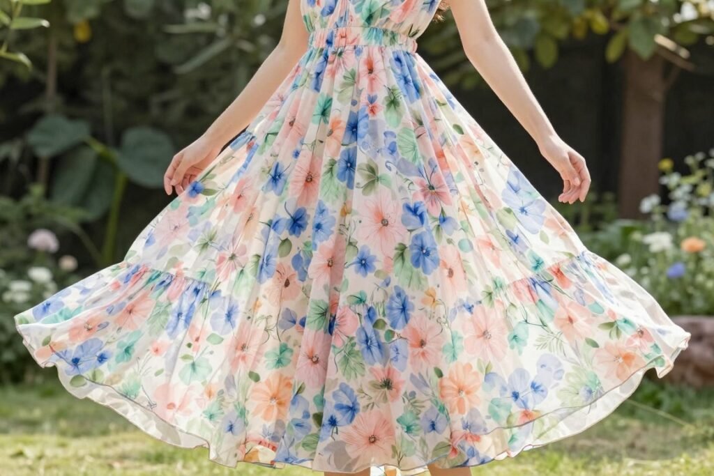 A flowing floral maxi dress in pastel colors displayed on a model in a garden setting